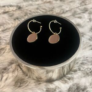 Pink Enamel Charm Gold Toned Hoop Post Back Earrings